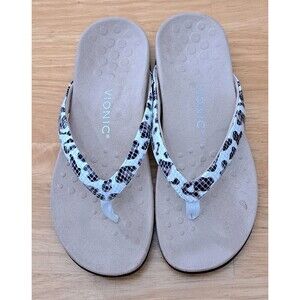 Vionic Dillon Flip Flops Womens Size 8 White Beige Leopard Snake Print Comfort